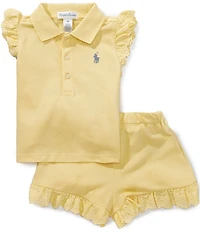 Ralph Lauren Baby Girls Flutter-Sleeve Eyelet Stretch Mesh Polo Shirt & Shorts Set