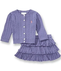 Ralph Lauren Baby Girls Long Cuffed Sleeve Mini Cable Knit Cardigan & Matching Tiered Skort Set