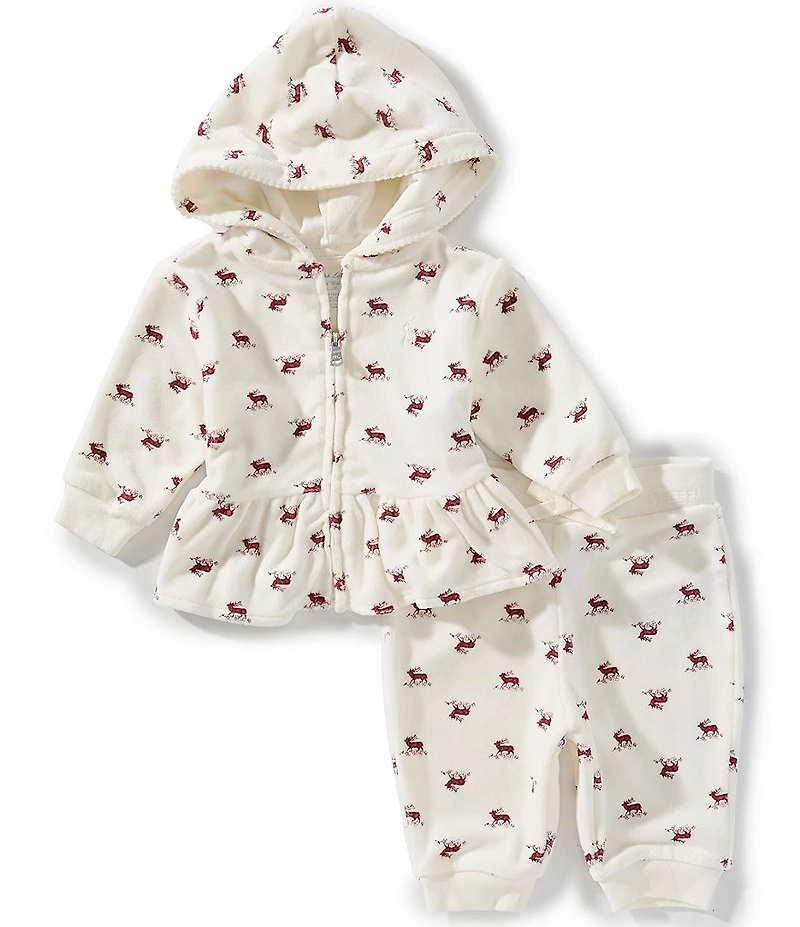 Ralph Lauren Baby Girls Long-Sleeve Elk-Printed Velour Hooded Jacket & Matching Velour Jogger Pant Set