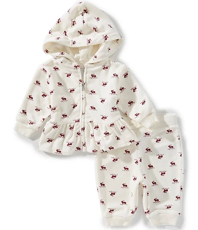 Ralph Lauren Baby Girls Long-Sleeve Elk-Printed Velour Hooded Jacket & Matching Velour Jogger Pant Set