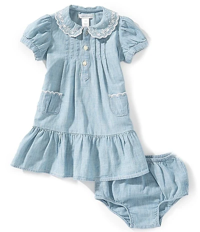 Ralph Lauren Baby Girls Puff Sleeve Embroidered Patch Pocket Chambray Dress