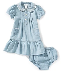 Ralph Lauren Baby Girls Puff Sleeve Embroidered Patch Pocket Chambray Dress