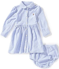 Ralph Lauren Baby Girls Puffed-Long-Sleeve Striped Knit Oxford Dress
