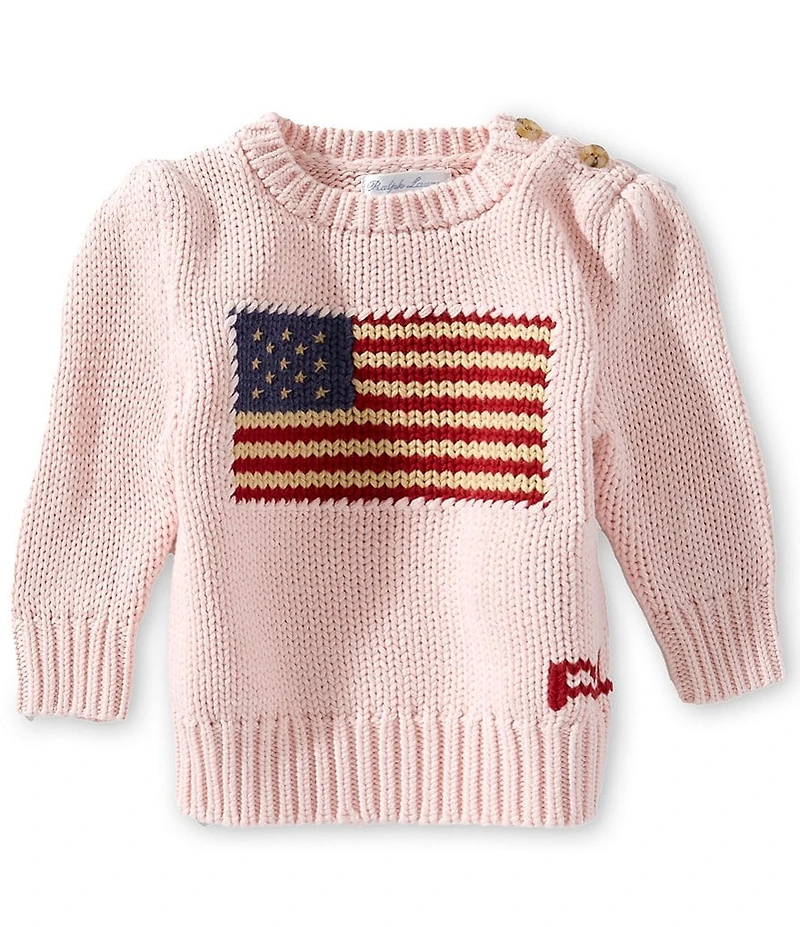 Ralph Lauren Baby Girls Puffed Sleeve Intarsia-Knit American Flag Sweater
