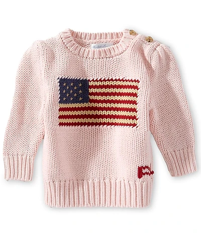 Ralph Lauren Baby Girls Puffed Sleeve Intarsia-Knit American Flag Sweater