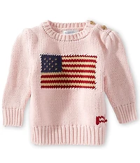 Ralph Lauren Baby Girls Puffed Sleeve Intarsia-Knit American Flag Sweater