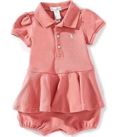 Ralph Lauren Baby Girls Puffed Sleeve Peplum Stretch Mesh Romper