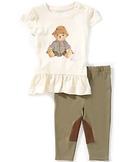 Ralph Lauren Baby Girls Puffed-Sleeve Polo Bear Peplum T-Shirt & Leggings Set