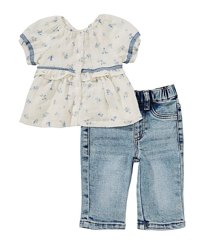 Rare Editions Baby Girls Cap-Sleeve Floral Printed Top & Jeans Set