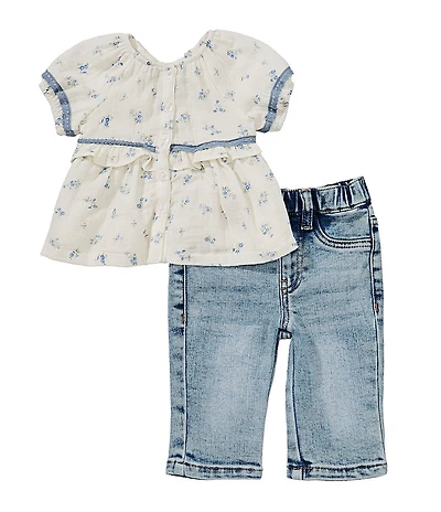 Rare Editions Baby Girls Cap-Sleeve Floral Printed Top & Jeans Set