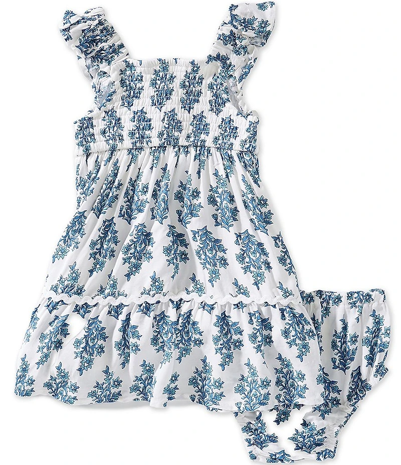 Rare Editions Baby Girls Flutter Sleeve Floral Printed Ric-Rac Trimmed Smocked Tiered Dress