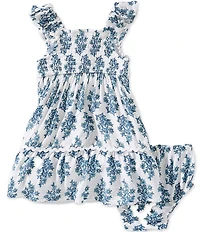 Rare Editions Baby Girls Flutter Sleeve Floral Printed Ric-Rac Trimmed Smocked Tiered Dress