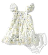 Rare Editions Baby Girls Flutter Sleeve Smocked Floral Printed Mesh Dress