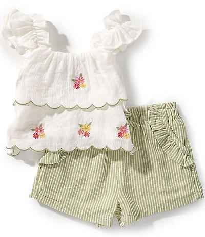 Rare Editions Baby Girls Flutter-Sleeve Embroidered Linen-Blend Top & Striped Linen-Blend Shorts Set