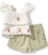 Rare Editions Baby Girls Flutter-Sleeve Embroidered Linen-Blend Top & Striped Linen-Blend Shorts Set