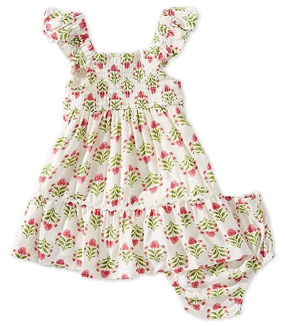 Rare Editions Baby Girls Flutter Sleeve Floral Printed Ric-Rac Trim Smocked Dress