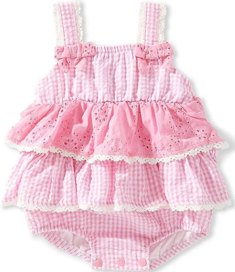 Rare Editions Baby Girls Gingham Printed Sleeveless Eylet Embroidered Bow Skirted Bubble Romper