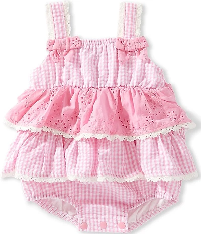 Rare Editions Baby Girls Gingham Printed Sleeveless Eylet Embroidered Bow Skirted Bubble Romper