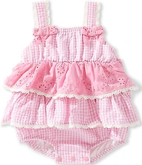 Rare Editions Baby Girls Gingham Printed Sleeveless Eylet Embroidered Bow Skirted Bubble Romper