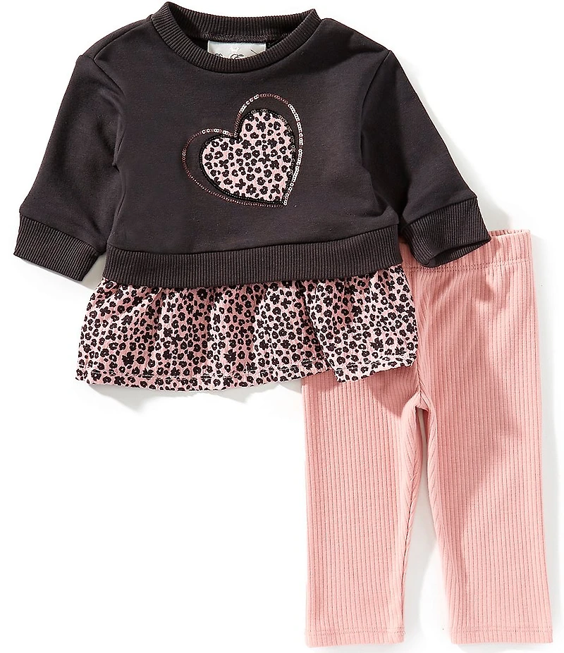 Rare Editions Baby Girls Long-Sleeve Animal-Printed Heart-Appliqued Fleece Sweatshirt & Solid Knit Leggings Set