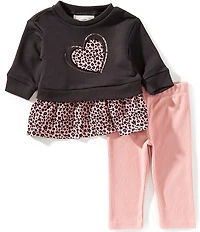 Rare Editions Baby Girls Long-Sleeve Animal-Printed Heart-Appliqued Fleece Sweatshirt & Solid Knit Leggings Set