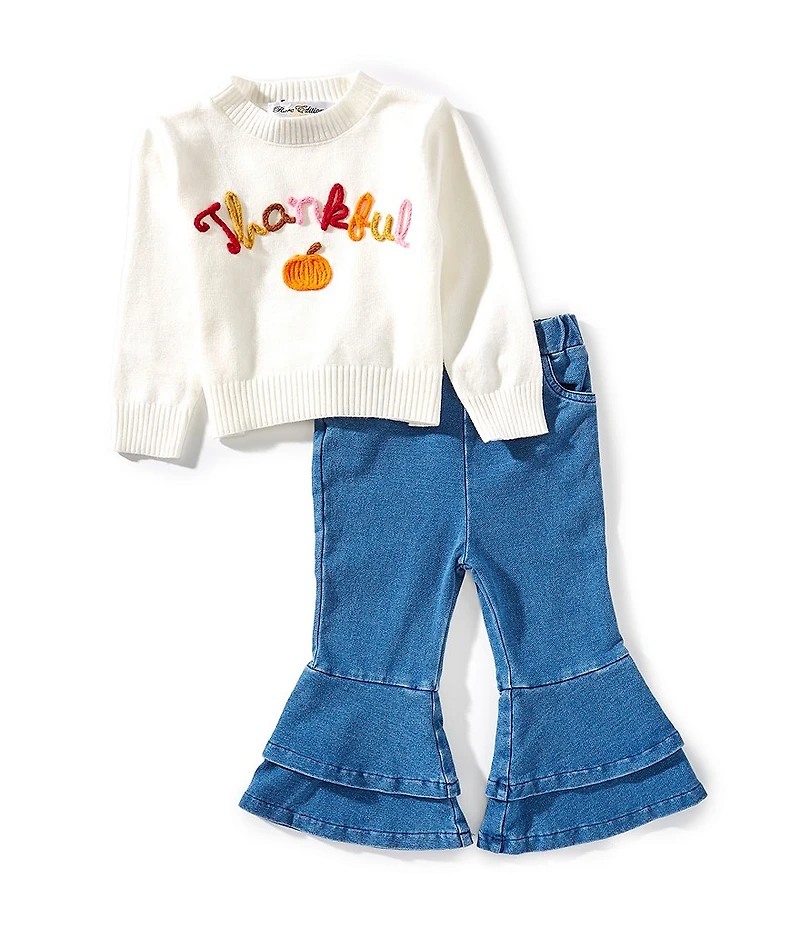 Rare Editions Baby Girls Long Sleeve Thankful Pumpkin Sweater & Denim Tiered Flare Pants