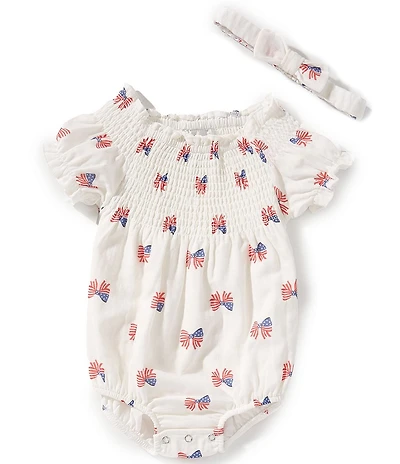 Rare Editions Baby Girls Puffed-Sleeve Americana-Bow-Printed Bodysuit & Headband Set