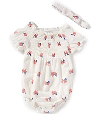Rare Editions Baby Girls Puffed-Sleeve Americana-Bow-Printed Bodysuit & Headband Set