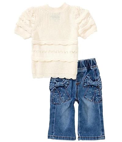 Rare Editions Baby Girls Short-Sleeve Crochet Rib-Knit Top & Pearl Embellished Bow Trim Jeans 2-Piece Set