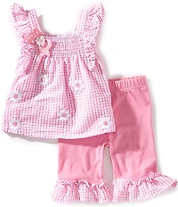 Rare Editions Baby Girls Sleeveless Daisy-Schiffli-Embroidered Checked Seersucker Tank Top & Coordinating Capri Leggings Set