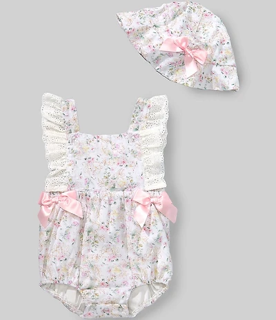 Rare Editions Baby Girls Eyelet-Ruffled-Trimmed Flutter Sleeve Bow Accent Floral-Printed Romper and Hat Set