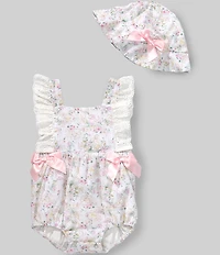 Rare Editions Baby Girls Eyelet-Ruffled-Trimmed Flutter Sleeve Bow Accent Floral-Printed Romper and Hat Set