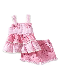 Rare Editions Baby Girls Sleeveless Mixed Media Gingham/Eyelet Embroidered Bow Detail Lace Trim Top & Matching Shorts Set