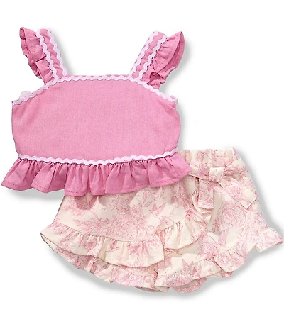 Rare Editions Baby Girls Sleeveless Ricrac-Trimmed Linen-Blend Tank Top & Toile-Printed Skort Set