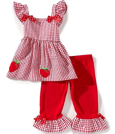 Rare Editions Baby Girls Sleeveless Strawberry-Embroidered Checked Seersucker Tunic Top & Coordinating Knit Leggings Set