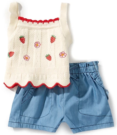 Rare Editions Baby Girls Sleeveless Strawberry-Embroidered Crocheted Sweater-Knit Tank Top & Chambray Shorts Set