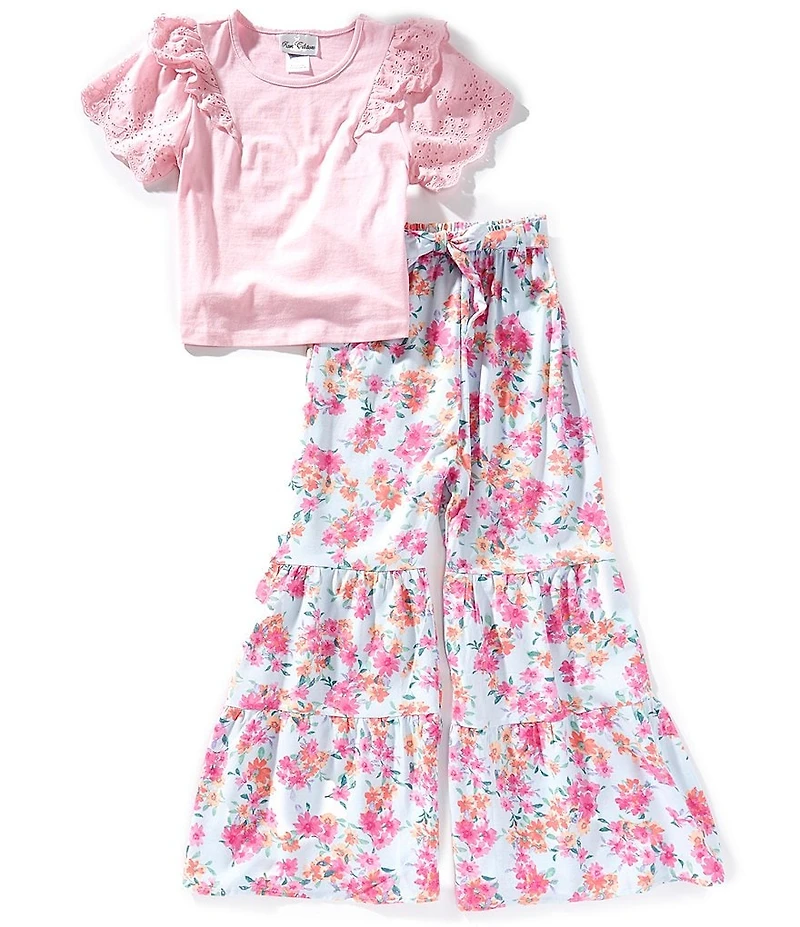 Rare Editions Big Girls Eyelet-Embroidered-Sleeve Knit Top & Floral-Printed Linen-Blend Palazzo Pants Set