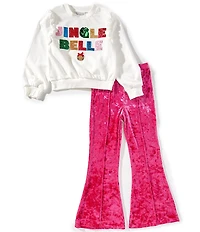 Rare Editions Big Girls Long Sleeve French Terry Holiday Jingle Belle Sweatshirt & Crush Velvet Flare Pants Set