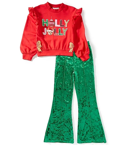 Rare Editions Big Girls Long-Sleeve Holly Jolly Reindeer Sweatshirt & Crushed Velvet Pant Set