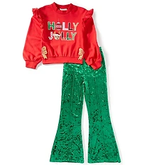 Rare Editions Big Girls Long-Sleeve Holly Jolly Reindeer Sweatshirt & Crushed Velvet Pant Set