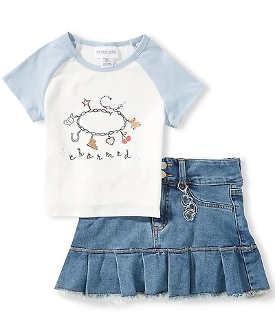 Tween Diva Big Girls Raglan-Sleeve Charmed Knit T-Shirt & Pleated-Hem Denim Skort Set
