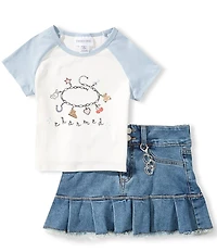 Tween Diva Big Girls Raglan-Sleeve Charmed Knit T-Shirt & Pleated-Hem Denim Skort Set