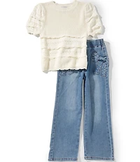 Rare Editions Big Girls Short-Sleeve Crocheted Rib-Knit Top & Bow-Trimmed Jeans Set