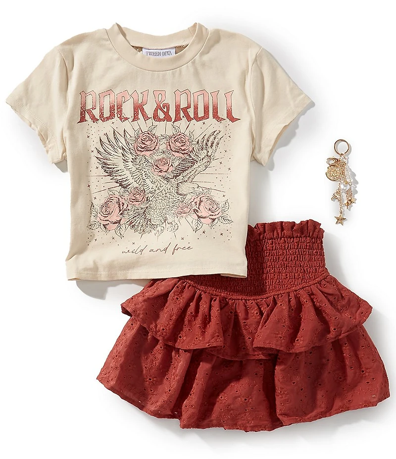 Rare Editions Big Girls Short-Sleeve Eagle Screenprinted T-Shirt & Eyelet-Embroidered Woven Skort Set
