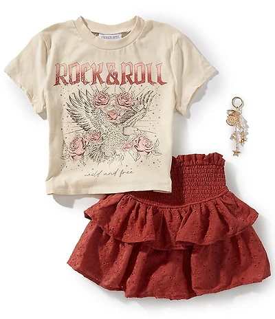 Rare Editions Big Girls Short-Sleeve Eagle Screenprinted T-Shirt & Eyelet-Embroidered Woven Skort Set