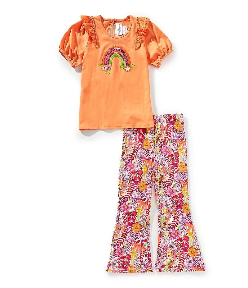 Rare Editions Little Girls Puffed-Sleeve Solid Rainbow-Appliqued Top & Printed Pant Set