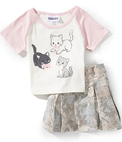Rare Editions Little Girls Color Block Raglan-Sleeve Kitty Printed T-Shirt & Camouflage-Printed Skirt Set