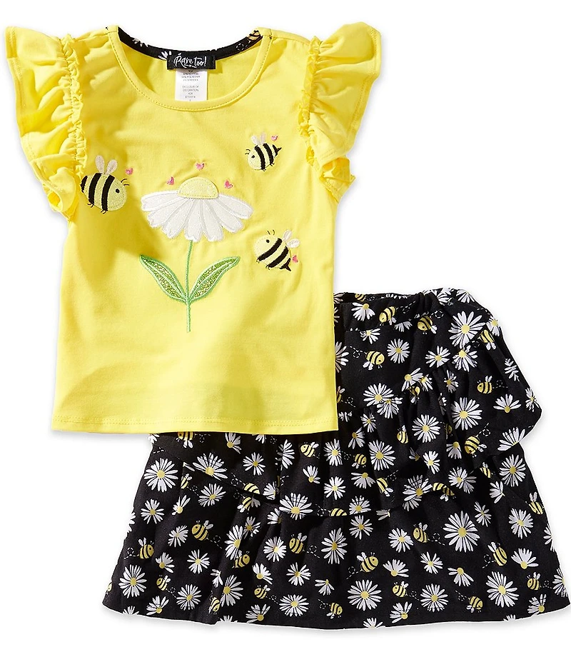 Rare Editions Little Girls Flutter Sleeve Daisy/Bee-Appliqued Top & Printed Tiered Skort Set