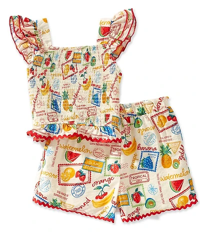 Rare Editions Little Girls Flutter Sleeve Ric-Rac Fruit Stamp Printed Woven Top & Matching Woven Shorts Set