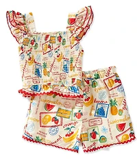 Rare Editions Little Girls Flutter Sleeve Ric-Rac Fruit Stamp Printed Woven Top & Matching Woven Shorts Set